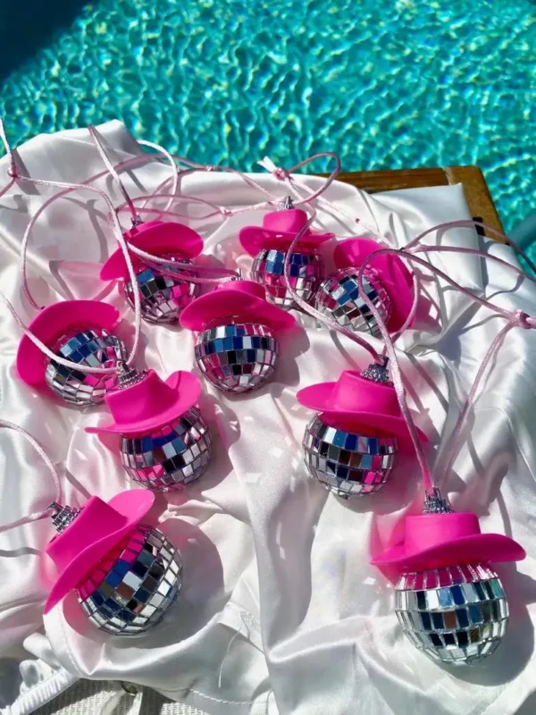 Pink Cowgirl CowBoy Hat Car Charm Rear View Mirror Hanging Disco Ball Bling Keychain Western Accessories Bag Decor Car Makeover - Image 4