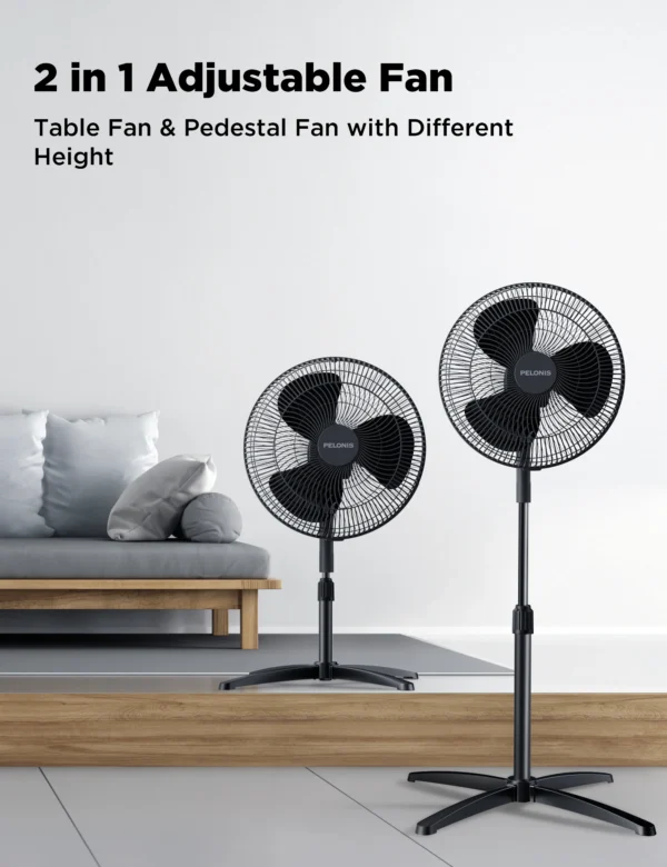 PELONIS 16‘’ Pedestal Stand Up Oscillating Fan with 3 Speeds Settings Ultra Quiet Adjustable Heights 2 Packs Black - Image 5