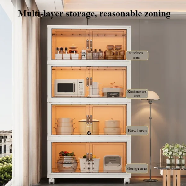 Kitchen Storage Cabinet Plastic Multi-laye Transparent Large Capacity Foldable Storage Cabinet with Magnetic Attraction Door - Image 3