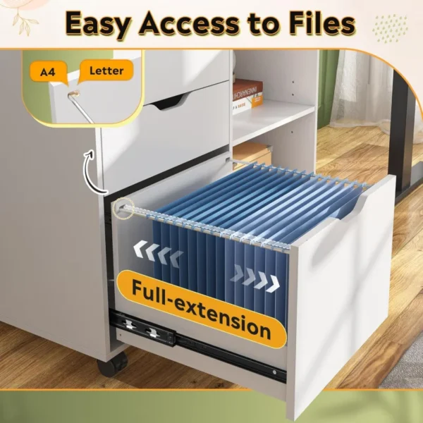 3 Drawer Wooden Filing Cabinet,Mobile Horizontal File Cabinet,Printer Bracket with Open Storage Rack,Suitable for Home Office - Image 4