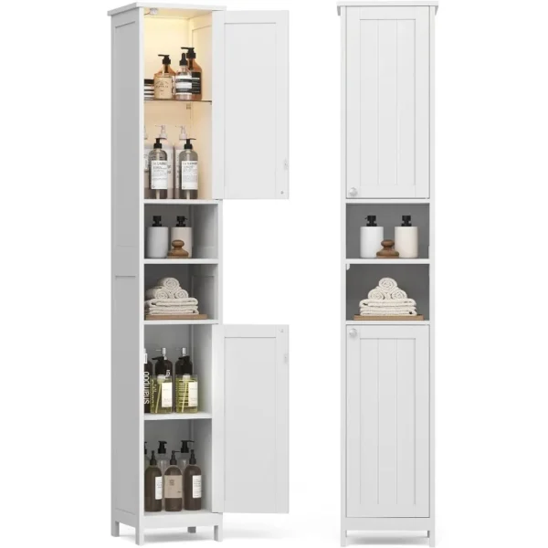 Tall Bathroom Cabinet with Lights, Slim Bathroom Storage Cabinet, Freestanding Narrow Cabinet with Adjustable Shelves,